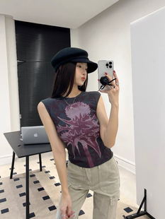 印花无袖 2024SS夏季 花少古力娜扎同款 女装 冰丝针织背心纯欲 新款