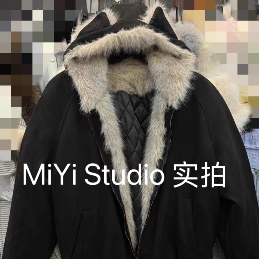 现货实拍~韩单超萌猫冬季新款耳朵连帽毛毛拼接优质加棉宽松外套