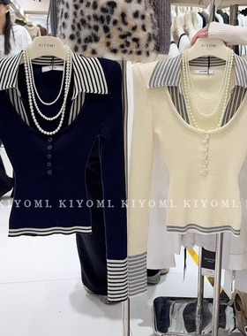 现货~KIYOMI实拍韩版纯欲辣妹条纹撞色拼接假两件Polo翻领针织衫