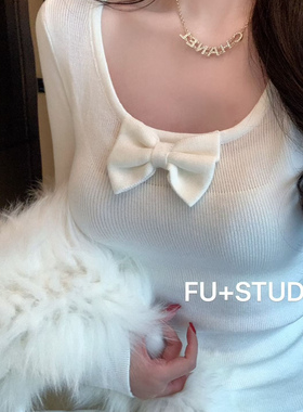 现货~韩版秋冬新款纯欲辣妹圆领蝴蝶结针织衫打底毛衣显瘦内搭