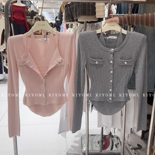 打底 纯欲辣妹假两件小香风垫肩显瘦针织衫 现货 KIYOMI实拍韩版