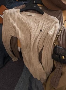 现货~韩版WANGHONG东大门老钱风洋气麻花V领小鹿针织衫毛衣显瘦