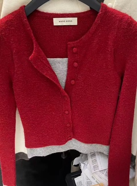 现货~韩版WANGHONG东大门秋冬加厚撞色拼接假两件针织衫毛衣瑶妹