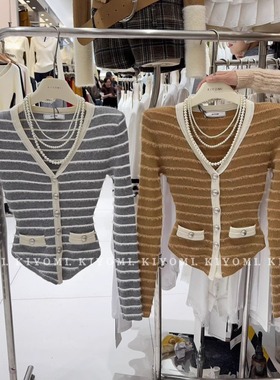 现货~KIYOMI实拍韩版纯欲辣妹撞色条纹水貂毛小香风V领针织毛衣