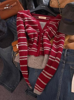 现货~韩版WANGHONG东大门秋冬加厚撞色条纹假两件针织衫毛衣瑶妹