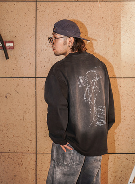 SEVENMF「重磅水洗T」个性印花T恤男图案宽松百搭小领口长袖