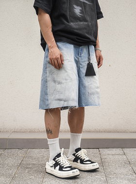 SEVENMF「百搭蓝牛短裤」涂鸦牛仔短裤个性装饰宽松磨破五分裤男