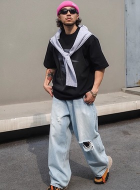 SEVENMF「BlingBling」细闪水洗蓝牛仔裤宽松阔腿拖地破洞香蕉裤