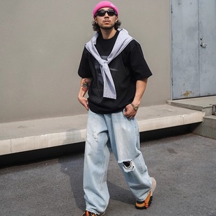 SEVENMF「BlingBling」细闪水洗蓝牛仔裤宽松阔腿拖地破洞香蕉裤