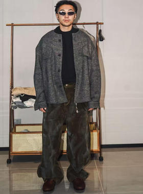 SEVENMF「无领毛呢」夹克男秋冬深灰肌理感宽松廓形工装开衫外套