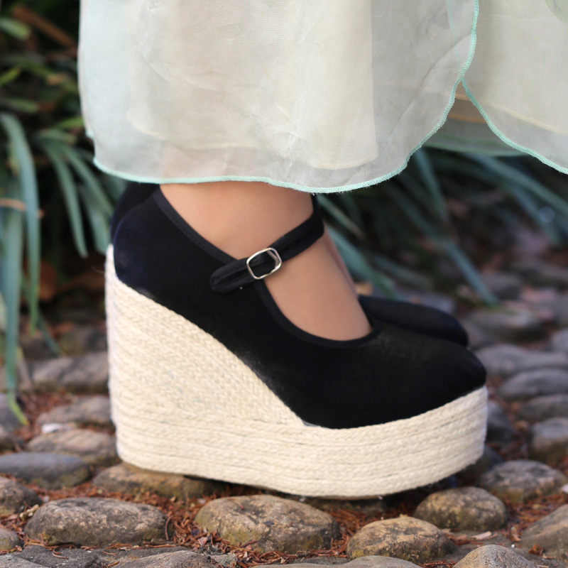 坡跟单鞋高跟12cm布鞋恨天高