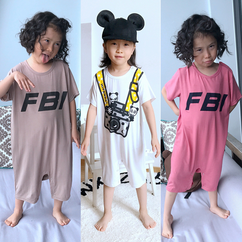 兒童連體衣超薄莫代爾男童女童1歲寶寶2睡衣3中大童5夏季短袖哈衣
