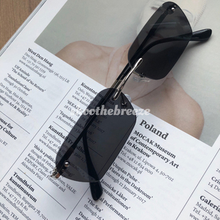 男女适用 STB 90S复古黑色超小窄镜片金属细腿无边框墨镜太阳眼镜