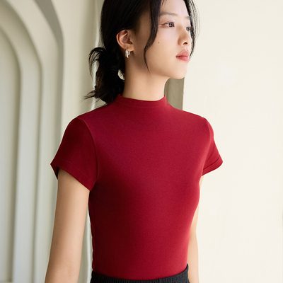 丝光羊毛+天丝莱赛尔 秋季半高领打底衫女 短袖内搭T恤 阿狸格格