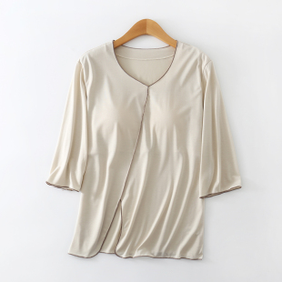 夏季 冰爽润肤 带薄胸垫 家居服套装 防凸点睡衣 斜襟高开衩七分袖