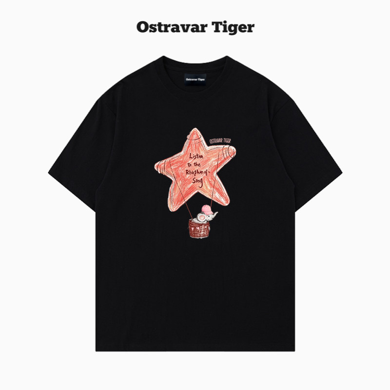 专柜授权Ostravar Tiger 手绘宽松卡通印花情侣男女款纯棉短袖t恤