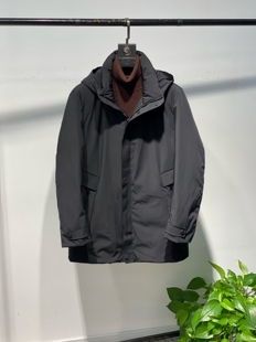 欧货男士中长款连帽羽绒服2023冬季款商务休闲黑色简约外套爸爸装