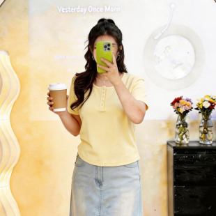 新品 200斤大码 套头小方领T恤女2026夏季 基础款 显瘦纯欲上衣 女装