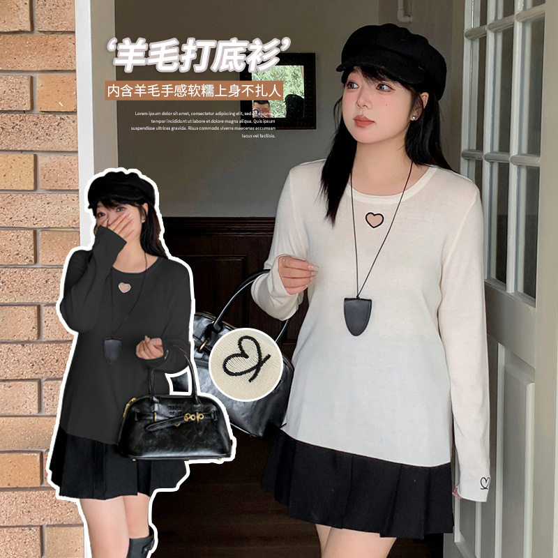 大码女装爱心刺绣羊毛打底衫2024冬季新款修身百搭内搭T恤上衣女,女装/女士精品,大码内搭,淘宝优惠券,粉丝福利购,淘宝优惠卷