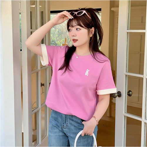 大码女装圆领撞色刺绣短袖T恤