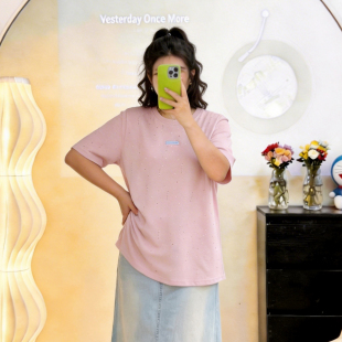 磨毛短袖 200斤大码 胖mm韩版 设计感烫钻T恤女2026春夏新品 上衣 女装