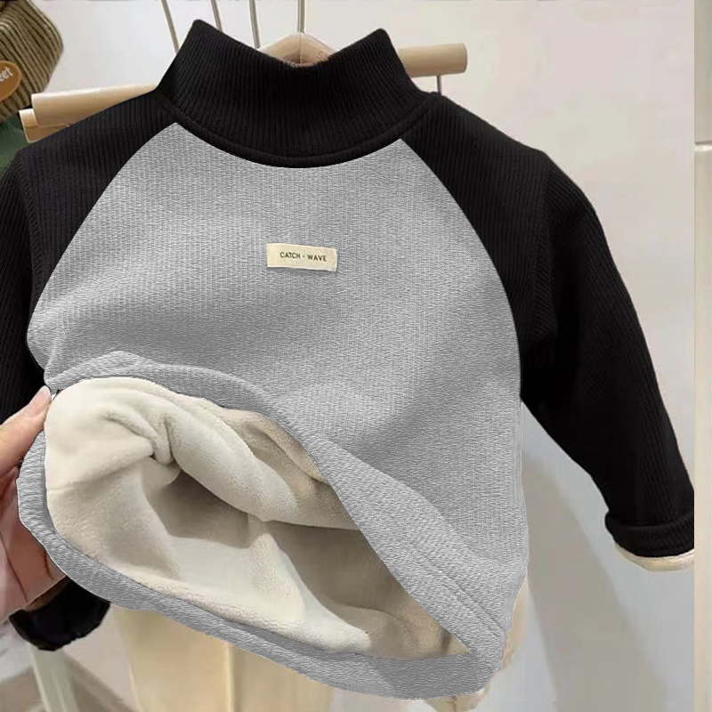 2025秋冬儿童保暖德绒T恤男女童加绒加厚一体绒打底衫半高领上衣