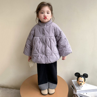 女童森系紫色棉服加绒外套秋冬2025新款波点棉袄宝宝加厚冬装上衣