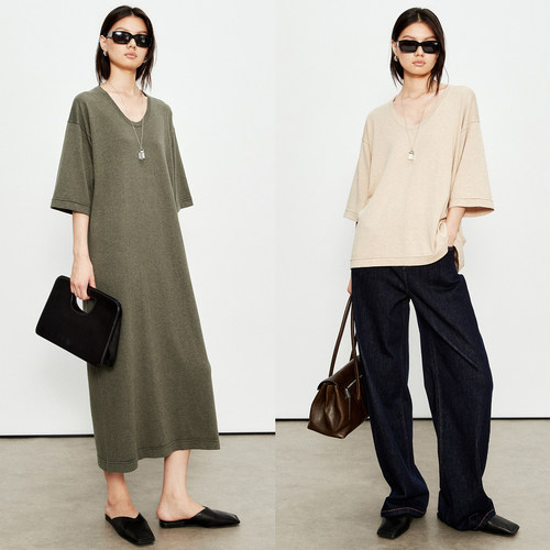 MRS Studios 简约时髦 棉+羊绒混纺针织 蛋领中袖上衣/OP连衣裙