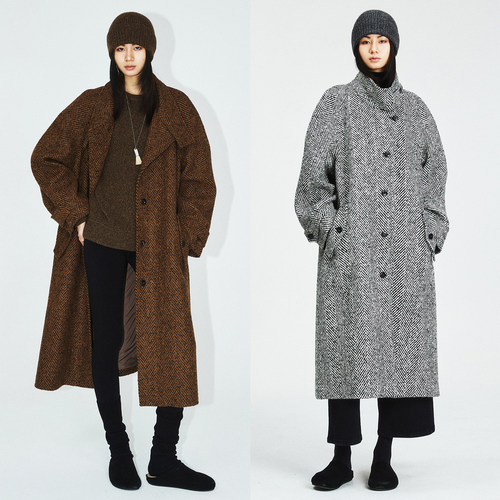 意大利進口羊毛鱼骨纹斜门襟大衣