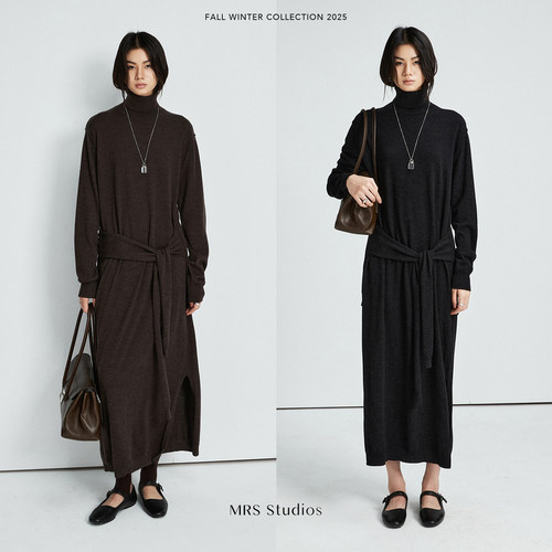 系带开叉高领直身针织连衣裙