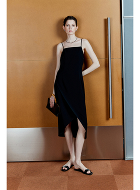 MRS Studios 日本进口三醋酸 交叠开叉花苞细吊带露背连衣裙黑色