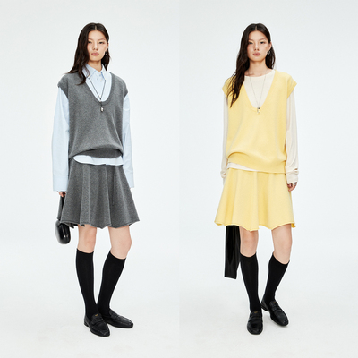 深U领阔版背心/波浪抽绳半裙