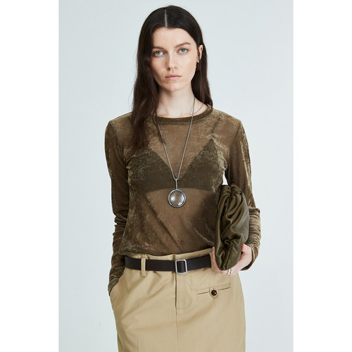 立体丝绒网纱透视感长袖打底衫