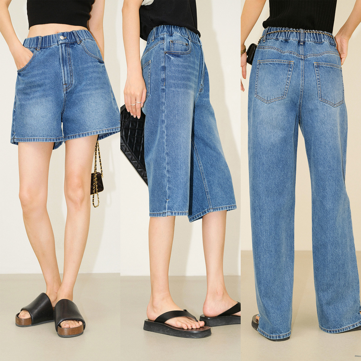 环保水洗脚口开叉松紧直筒短裤