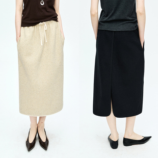 MRS Studios 时装风 肌理针织羊毛 腰头拼真丝 休闲卫裙半裙