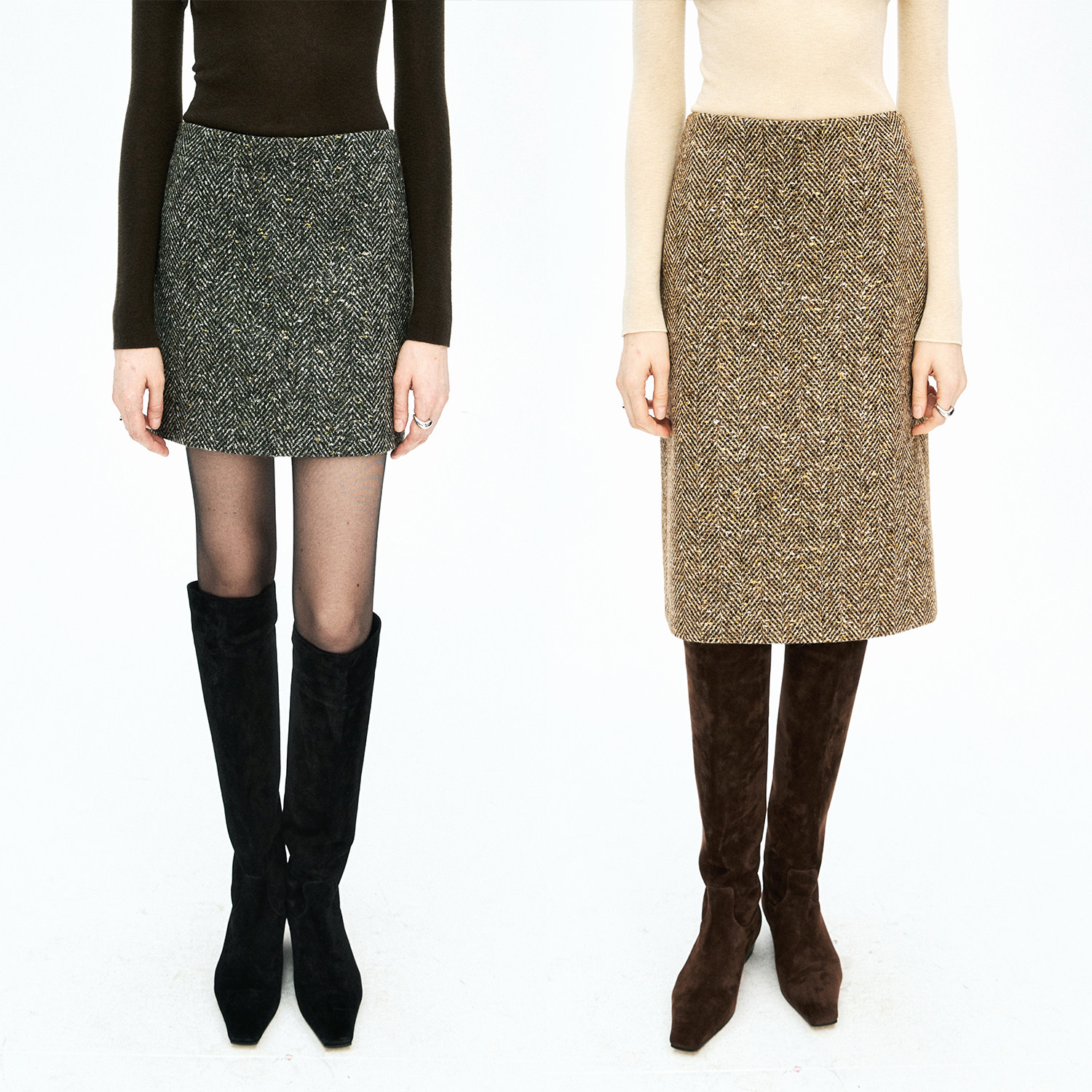 MRS Studios意大利moessmer金银豆人字纹羊毛中长/短款西装半裙