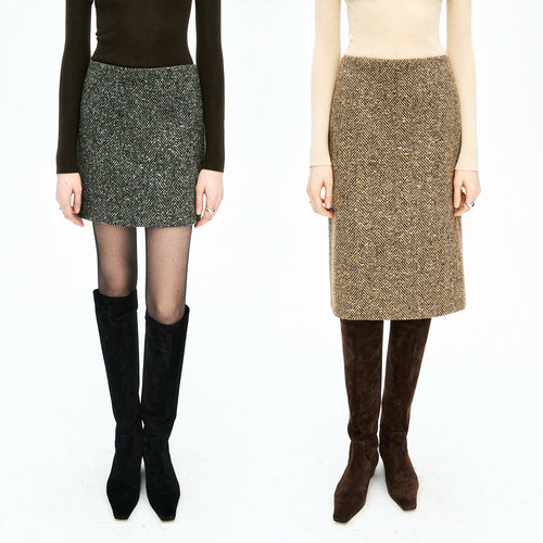 MRS Studios意大利moessmer金银豆人字纹羊毛中长/短款西装半裙