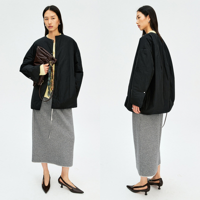 袖口珍珠扣装饰夹棉圆领廓形棉衣