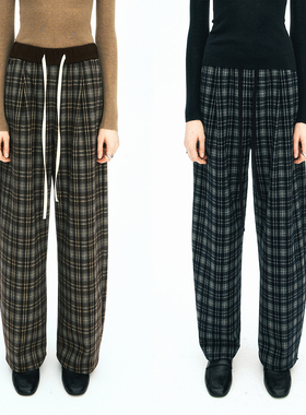 MRS Studios 时髦腰头拼接 休闲随性格纹 抽绳极地长裤