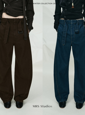 MRS Studios复古摩登 腰带可调节侧边弧形弯刀廓形解构牛仔长裤