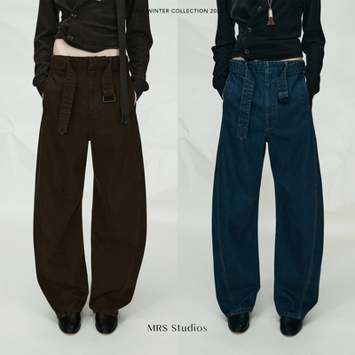 MRS Studios复古摩登 腰带可调节侧边弧形弯刀廓形解构牛仔长裤