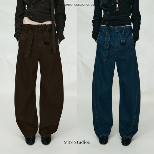 MRS Studios复古摩登 腰带可调节侧边弧形弯刀廓形解构牛仔长裤