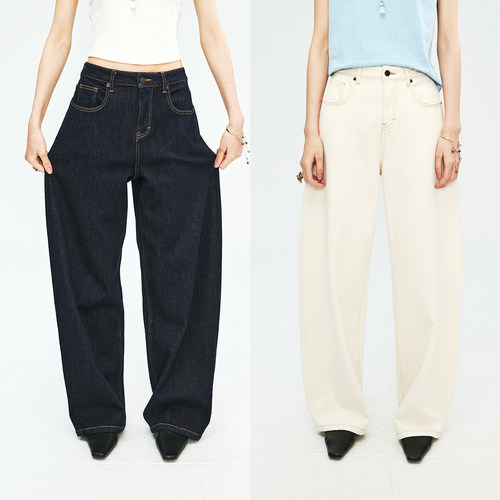 宽松及地阔腿休闲慵懒弯刀牛仔裤