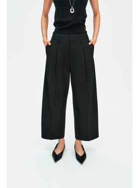 MRS Studios 后腰V字设计 立裁显瘦褶裥直筒九分休闲西裤/小黑裤