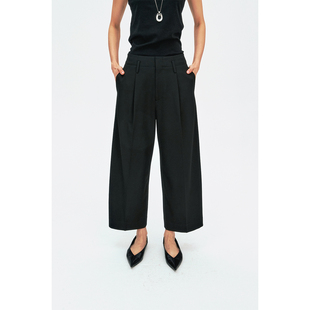 MRS Studios 后腰V字设计 立裁显瘦褶裥直筒九分休闲西裤/小黑裤