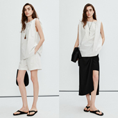 套装 MRS 短裤 八分裤 Studios 摩登时髦亚麻棉单侧扭肩细条上衣