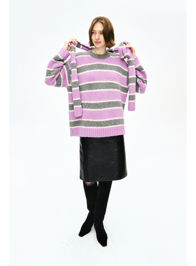 MRS Studios 宽条纹羊驼毛羊毛柔软蓬松舒适亲肤慵懒大毛衣/围巾