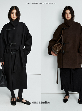MRS Studios LM风 木质牛角扣不对称侧扣门襟羊毛中长款大衣外套