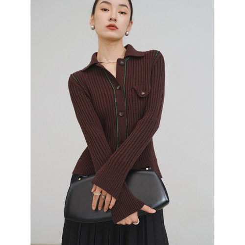 早春新品翻领休闲修身羊毛开衫