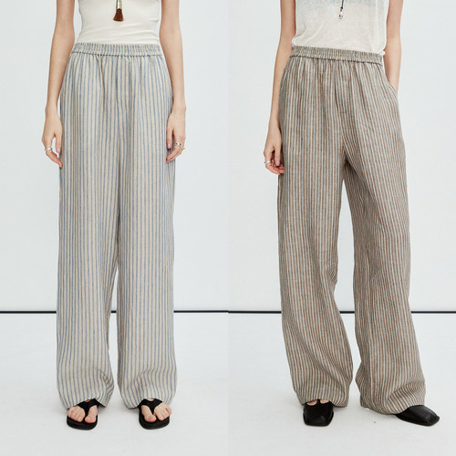 MRS Studios 松紧腰直筒条纹亚麻长裤
